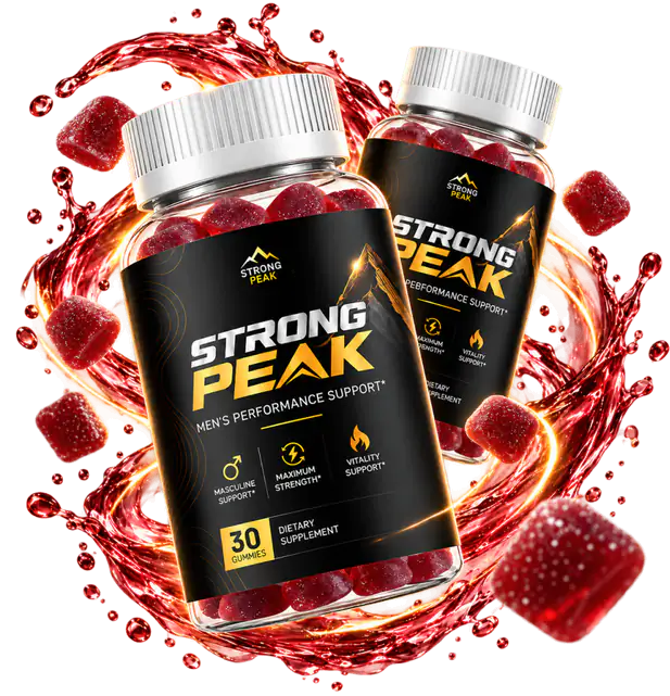 Strong Peak gummy bottles with a red fruit splash
