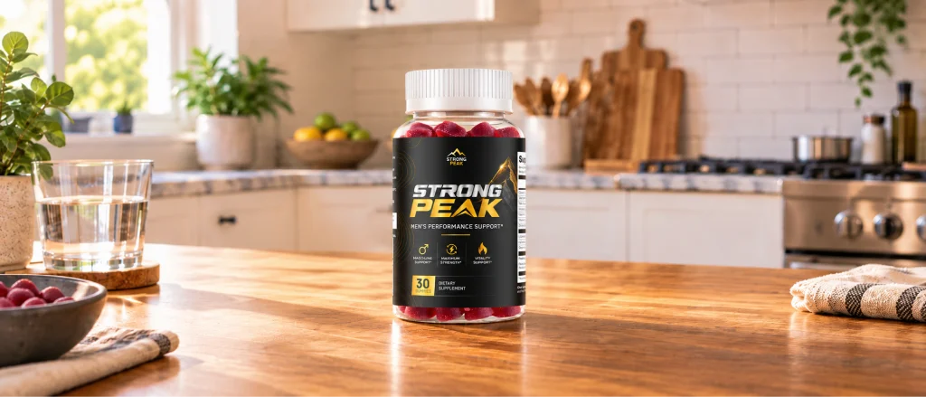 Strong Peak gummy bottle on a kitchen counter