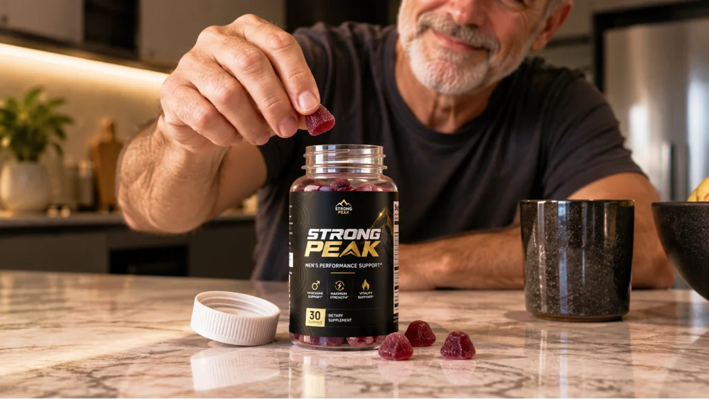 Adult man adding a Strong Peak gummy to his daily routine